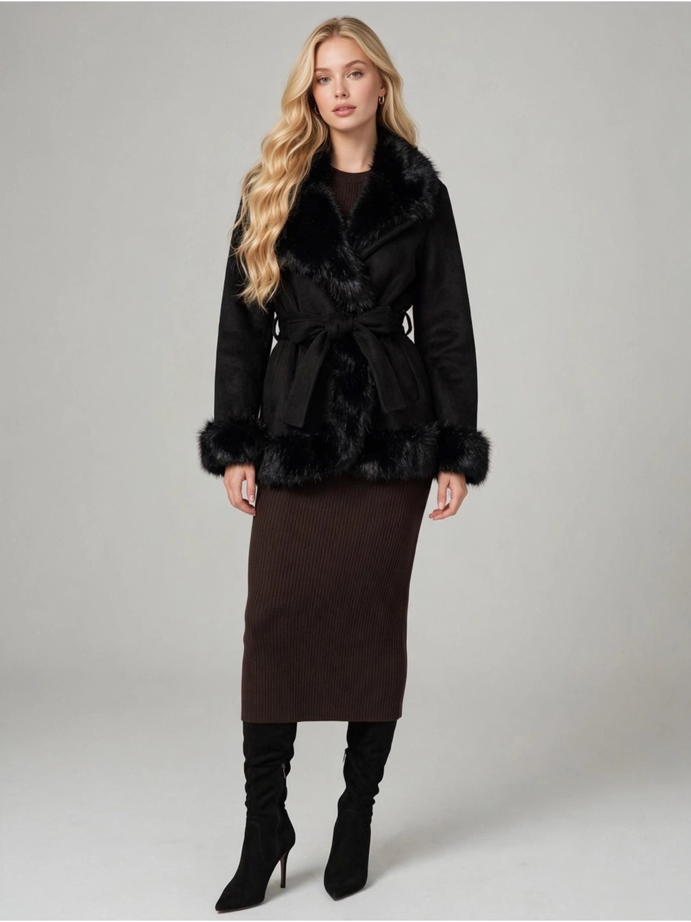 Black Collar Faux Fur Coat